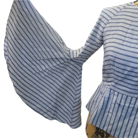 Milly size 2 silk blend bell sleeve blouse open back blue white stripes - Picture 5 of 9